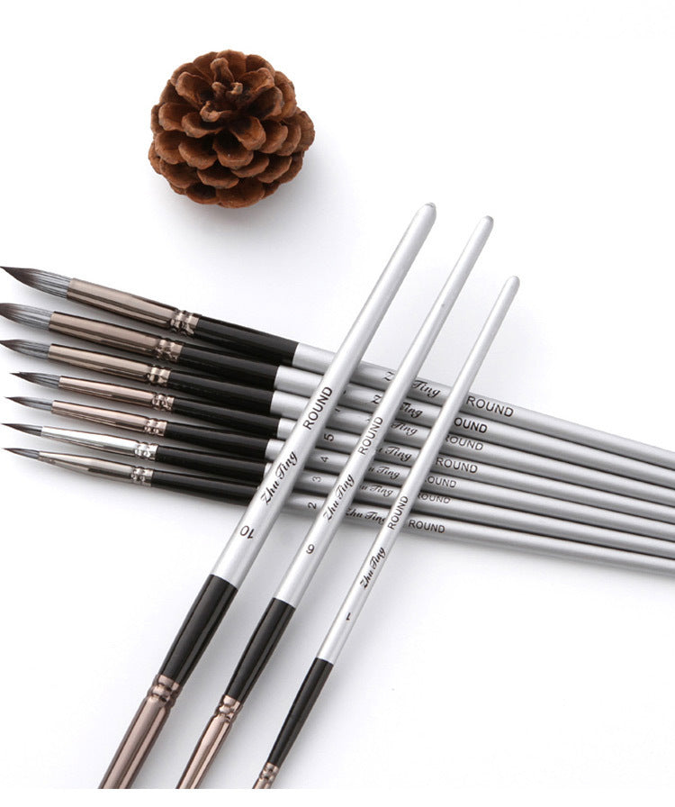 Nylon Hair Brush Silver Gray Rod Round Front Watercolor Oil Painting Set Hook Line Pen Soft